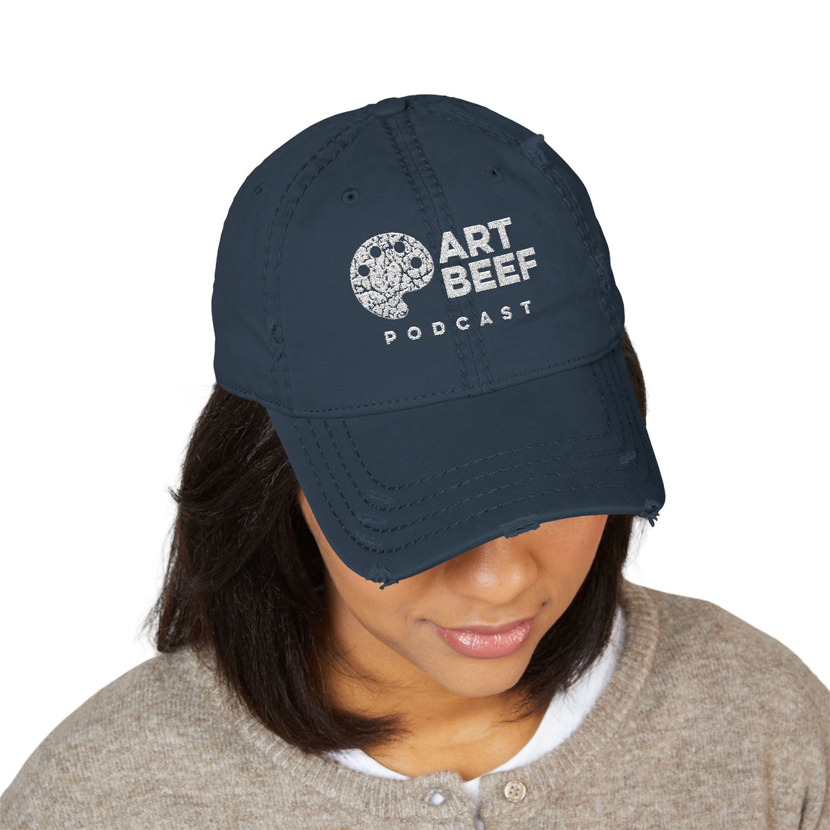 White Art Beef Logo Distressed Dad Hat (Embroidery)