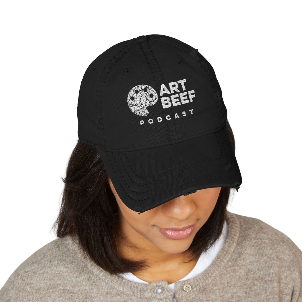 White Art Beef Logo Distressed Dad Hat (Embroidery)