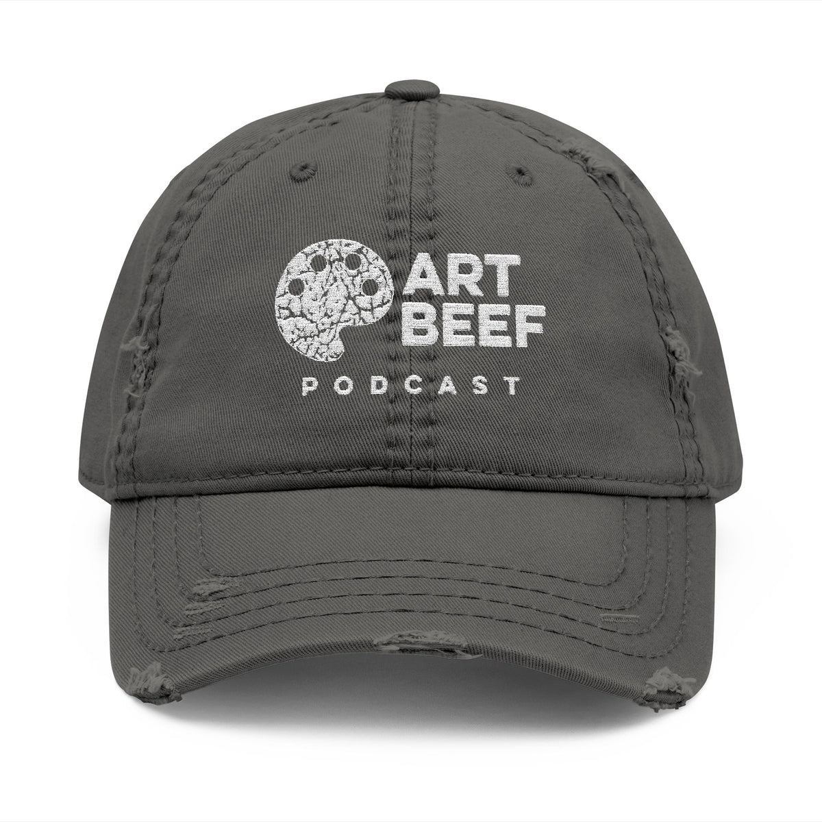 White Art Beef Logo Distressed Dad Hat (Embroidery)