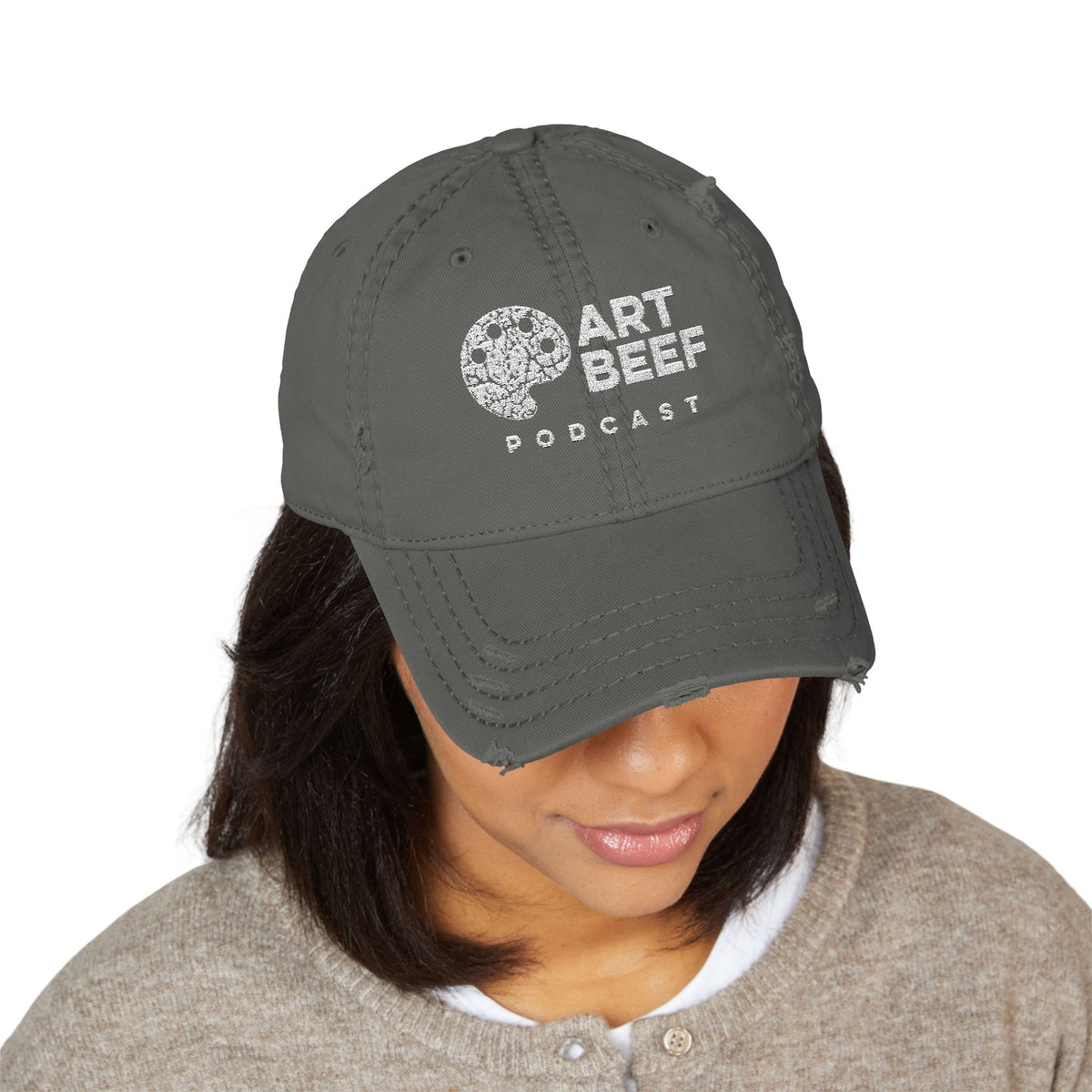 White Art Beef Logo Distressed Dad Hat (Embroidery)